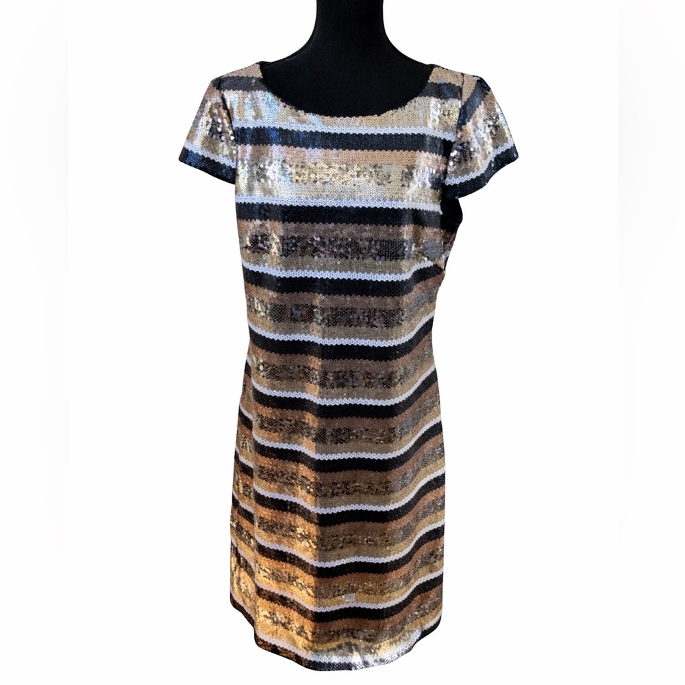 Vince Camuto 12 Black Gold Sequin Stripe Party Mini Dress